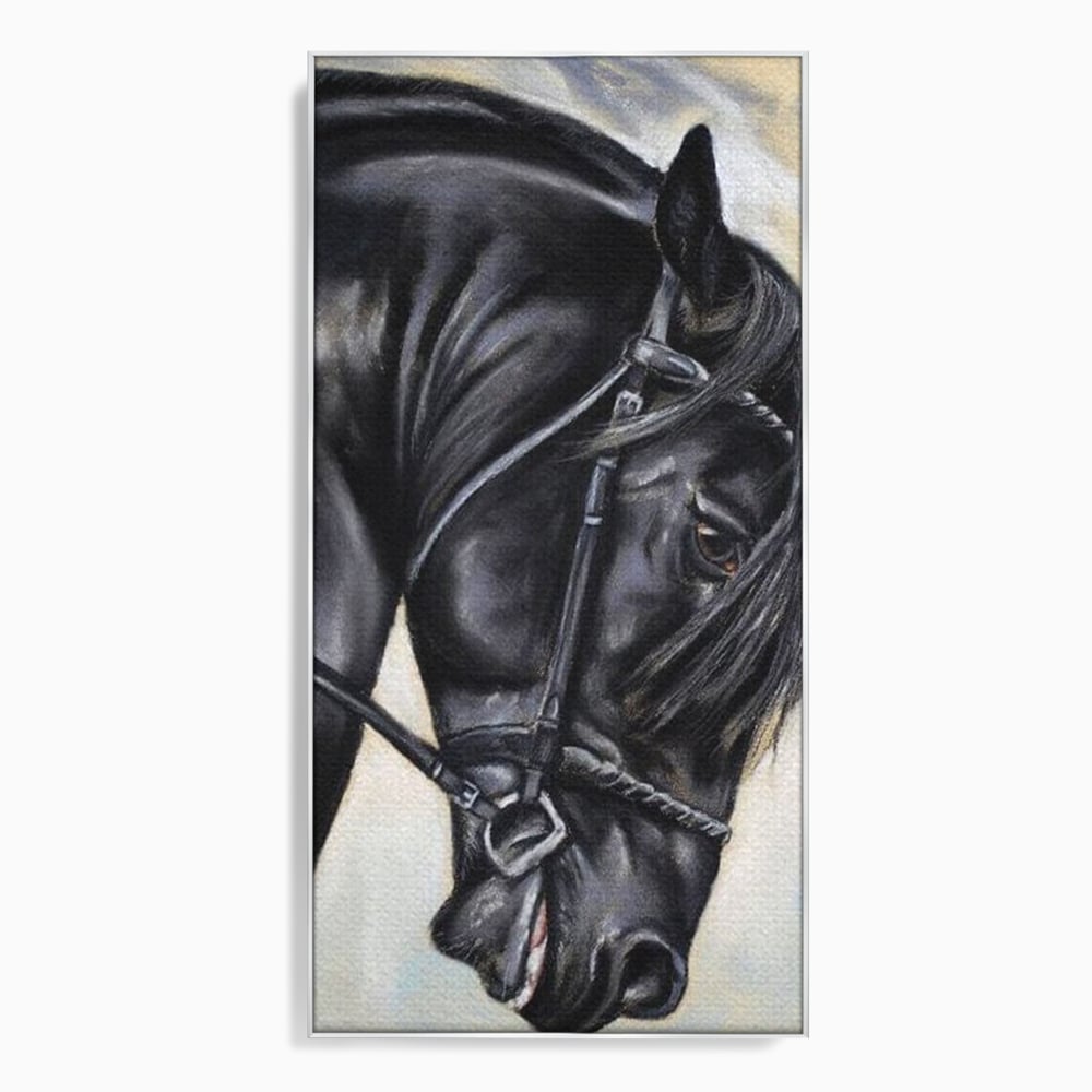 Tablou canvas cu tablou canvas cu pictura de armasar negru in profil, in rama de aluminiu argintiu